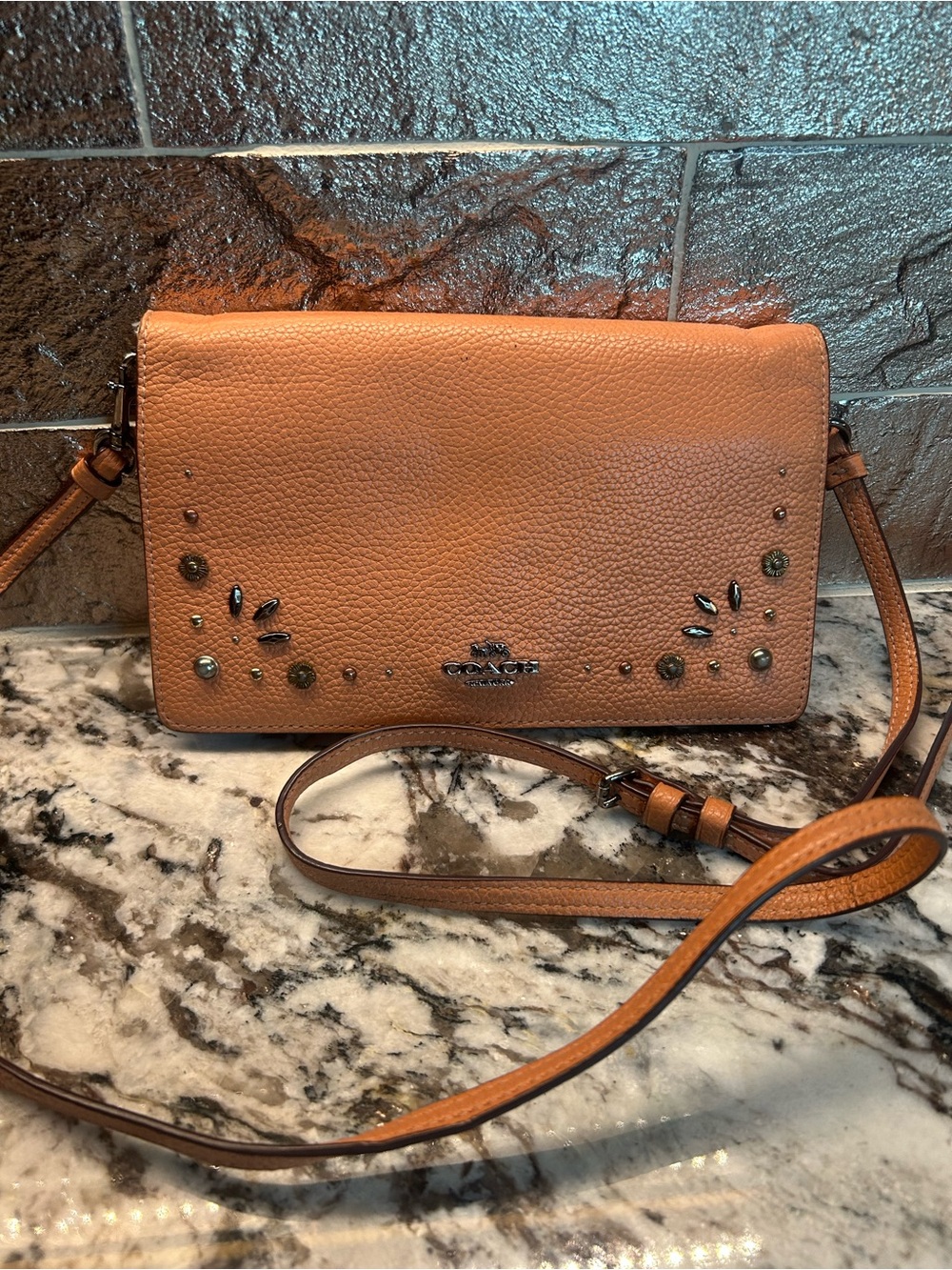 Coach Pebbled Leather Continental wallet/crossbody - Peach Tan with Stud Accents